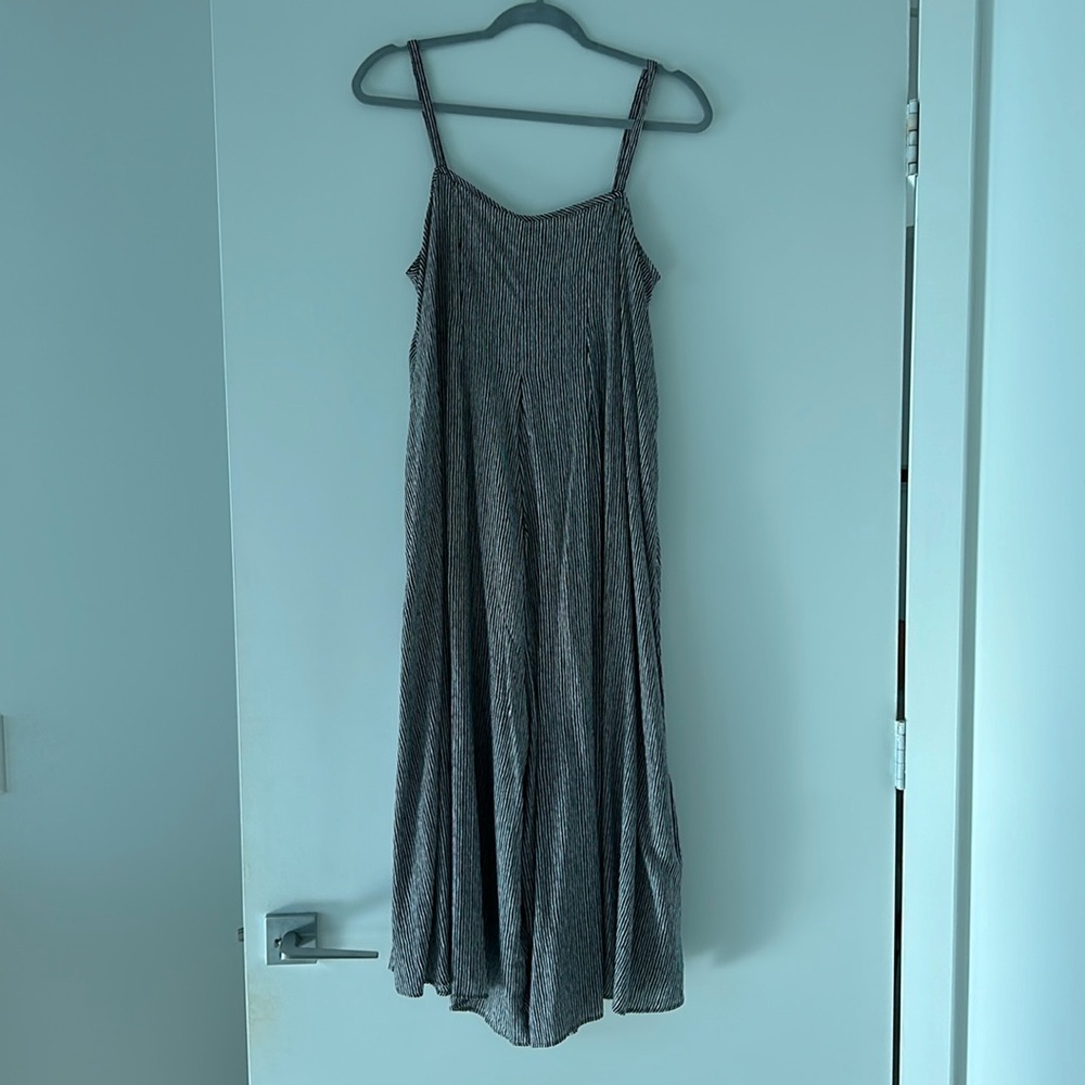 Navy and white striped jumpsuit